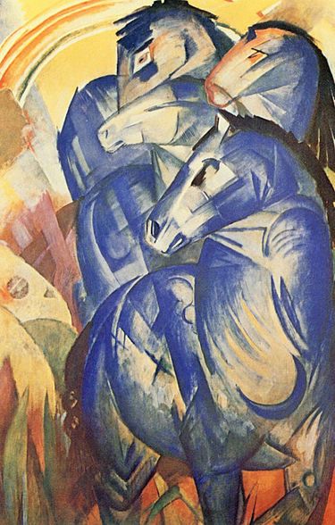 Abstract painting of blue horses with angular shapes and vibrant colors, expressing dynamic motion and energy.