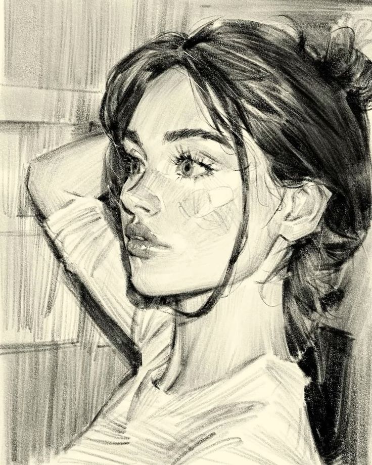 Pencil sketch of a thoughtful young woman gazing sideways, highlighting intricate hair and facial features.