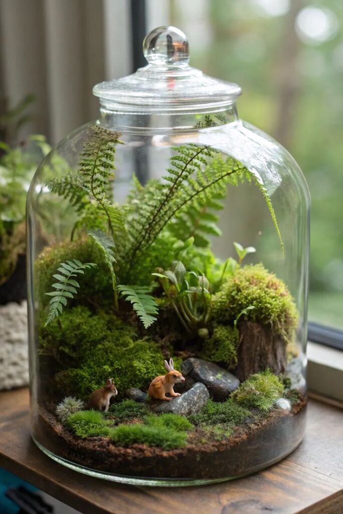 Glass terrarium with ferns, moss, and miniature animals, creating a vibrant indoor garden scene.
