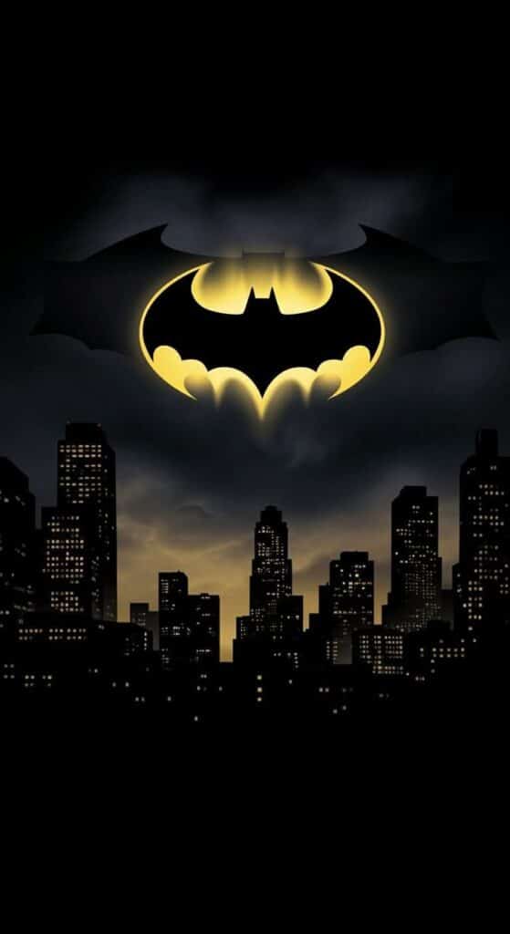 Night skyline with bat symbol in the sky, dark Gotham City atmosphere.