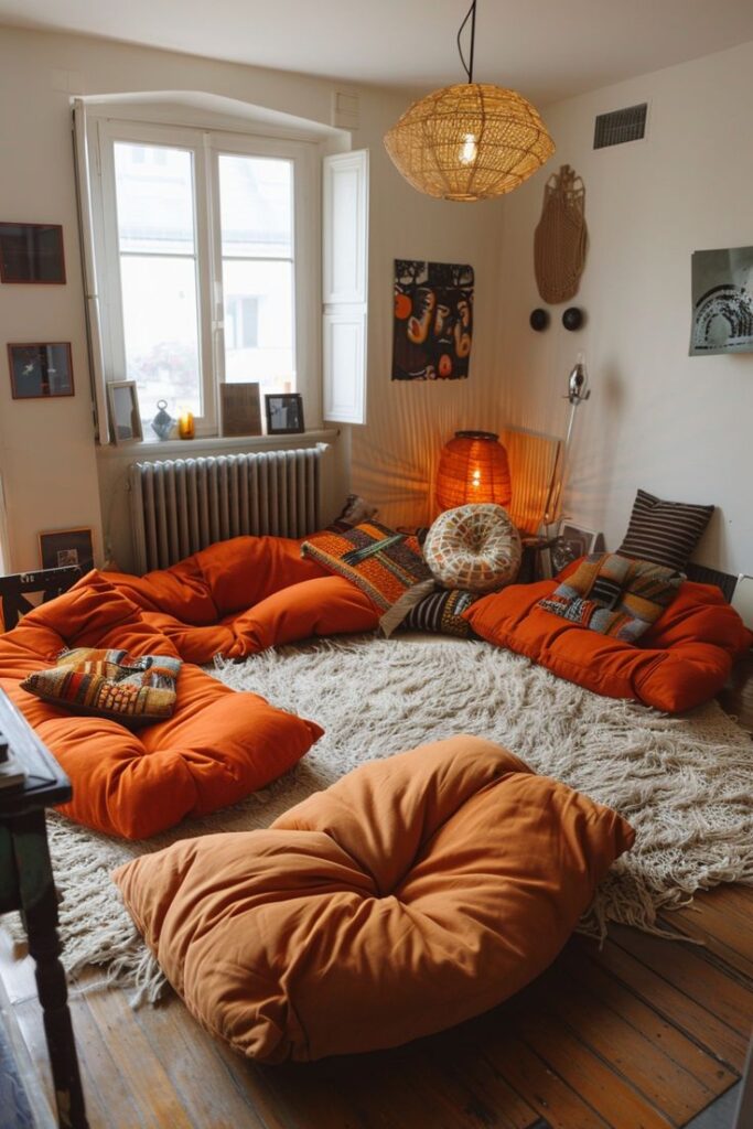 Cozy bohemian room with orange bean bags, fluffy rug, and warm lighting for a relaxing vibe.