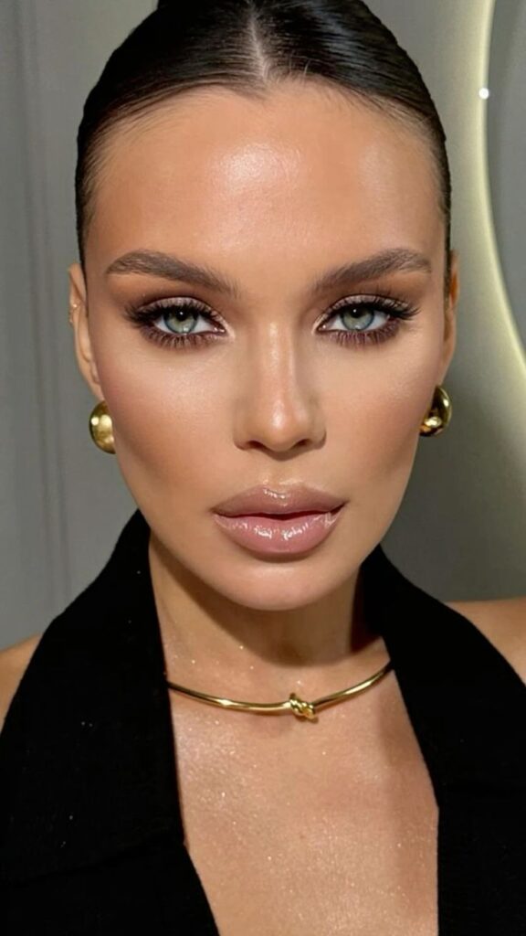 Elegant woman with sleek hairstyle, flawless makeup, gold earrings, and necklace, showcasing a chic and polished look.