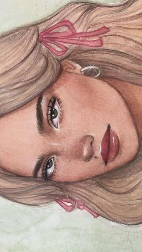 Illustration of a woman with pink hairpins, soft makeup, and hoop earrings, showcasing intricate artistic detail.