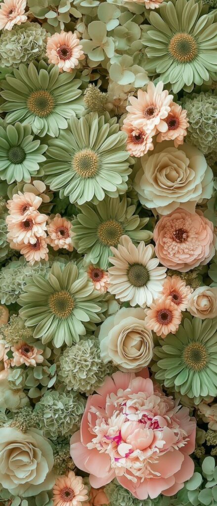 Pastel flower arrangement featuring roses, daisies, and peonies in green and pink hues, creating a soothing floral display.