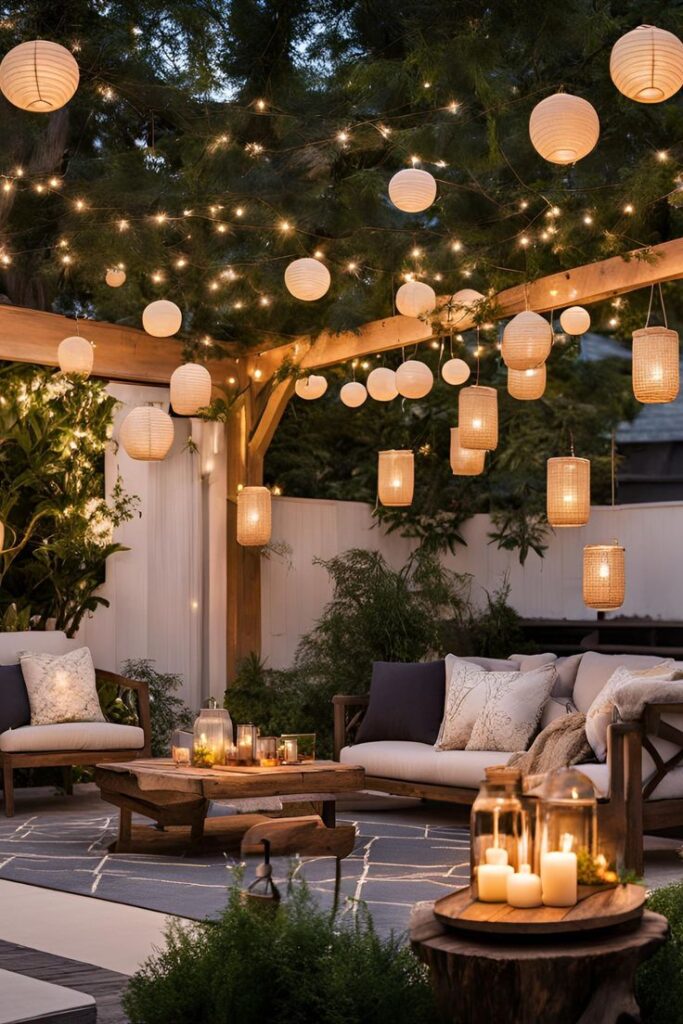 Cozy outdoor patio with string lights, lanterns, and comfortable seating, ideal for evening relaxation.