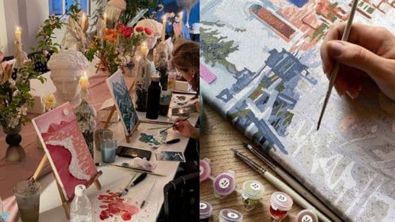 7-Day Art Challenge How to Boost Your Creativity People painting at an art workshop, focusing on brush details and colorful canvases surrounded by decor and flowers. | Sky Rye Design People painting at an art workshop, focusing on brush details and colorful canvases surrounded by decor and flowers.