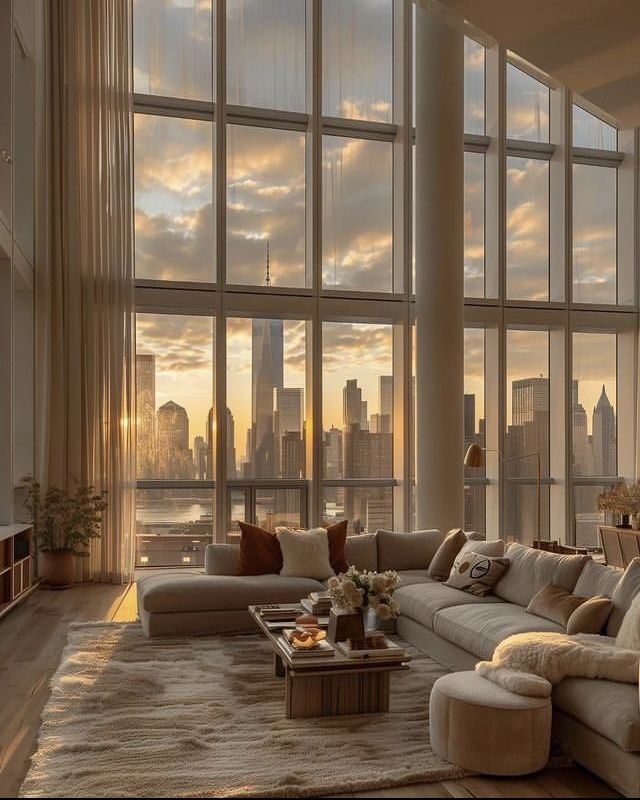 Luxurious penthouse living room with city skyline view at sunset, large windows, plush sofa, and elegant decor.
