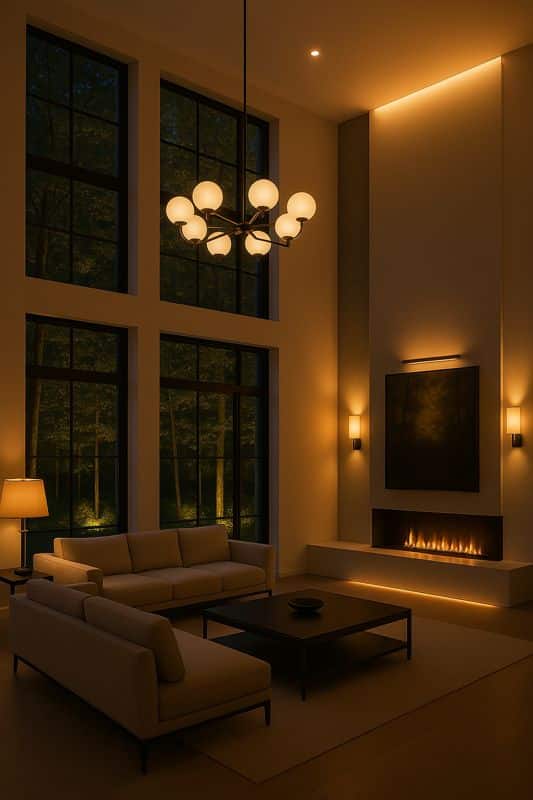 Modern living room with cozy lighting, large windows, elegant chandelier, and a sleek fireplace.
