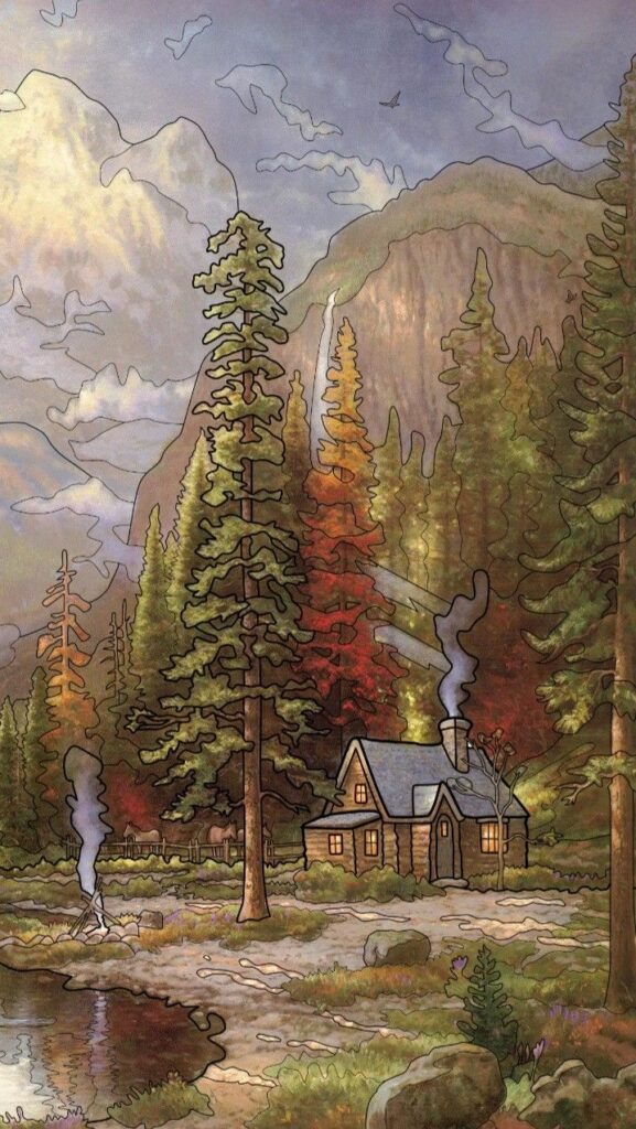 Cozy cabin in an autumn forest with smoke rising from chimney, surrounded by mountains and a serene pond.