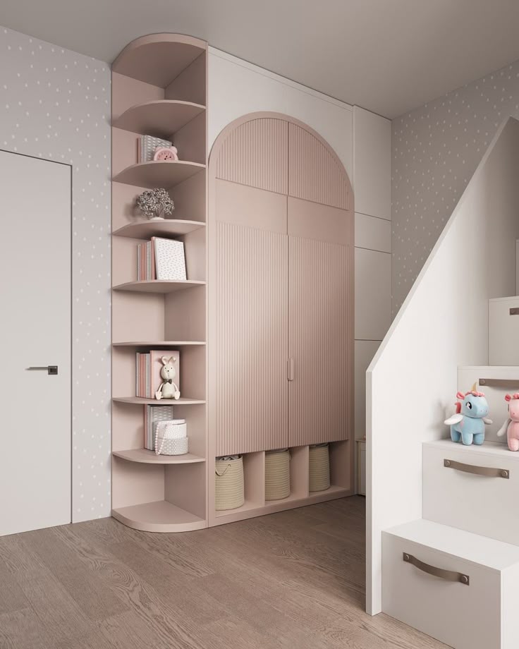Modern kids' room with pink curved bookshelf, toys, and storage, designed for stylish organization and space-saving.