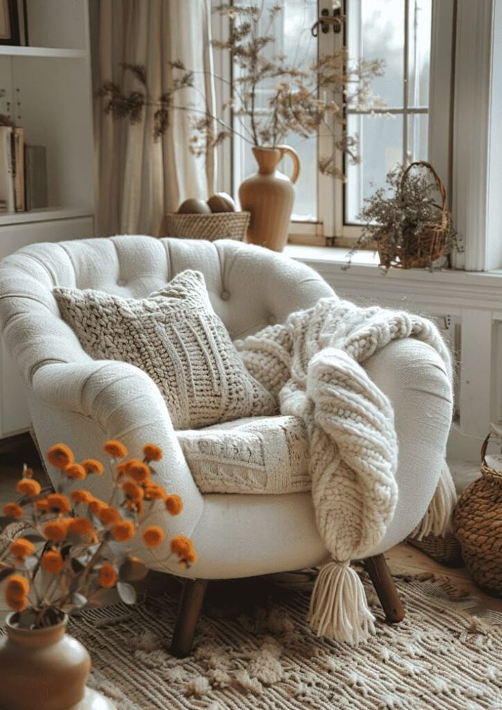 Cozy chair with knitted pillows and blanket in a bright, stylish living room with autumn decor.