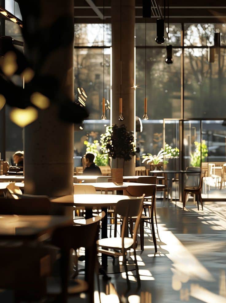 Modern cafe interior with natural lighting, wooden tables, and lush greenery, creating a cozy, inviting atmosphere.