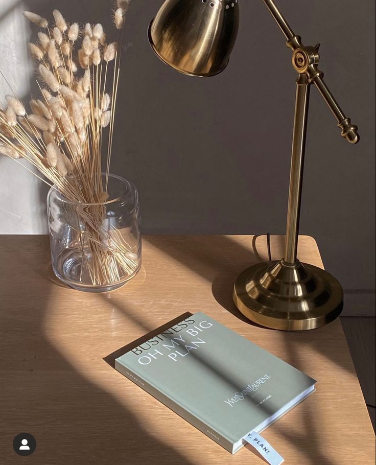 72a54835-6f78-4f68-8f41-9c2018518860 Stylish workspace with a brass lamp, vase with dried flowers, and a book titled Business Plan on a wooden desk. | Sky Rye Design Stylish workspace with a brass lamp, vase with dried flowers, and a book titled Business Plan on a wooden desk.