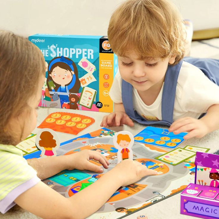 Kids engaged in a fun learning board game about shopping, fostering creativity and teamwork skills.