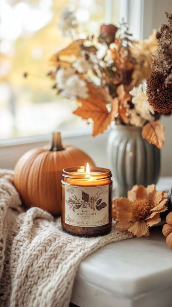 Lit candle on table with autumn decor, including pumpkin and dried flowers near a window. Cozy fall ambiance.