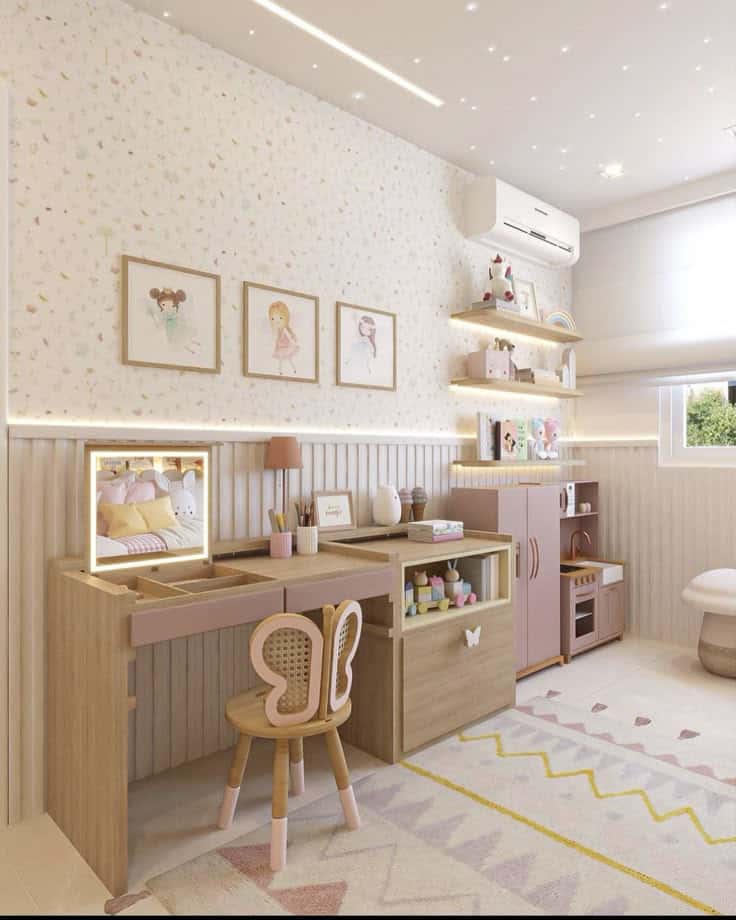 Stylish children's playroom with wooden furniture, pastel decor, and cozy lighting.