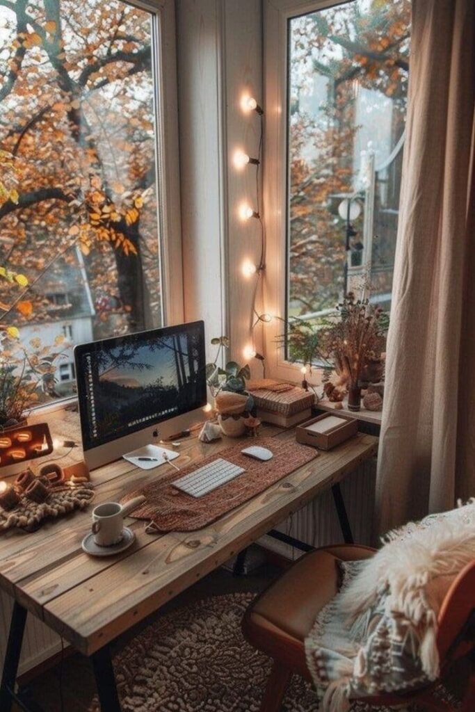 Cozy autumn workspace with computer, fairy lights, and a view of fall leaves through the window. Warm and inviting design.
