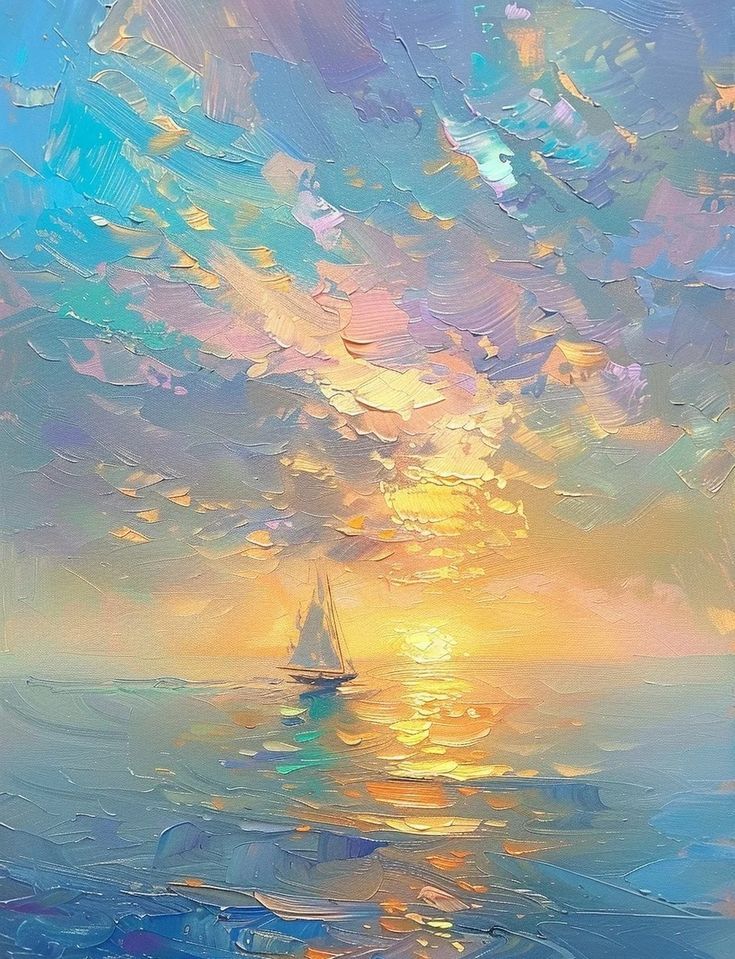 74d9bdc301e37e159031a02c9ae31b6f Sailboat at sunset on the ocean, vibrant oil painting with colorful sky and shimmering sea reflections, creating a serene and dreamy scene. | Sky Rye Design Sailboat at sunset on the ocean, vibrant oil painting with colorful sky and shimmering sea reflections, creating a serene and dreamy scene.