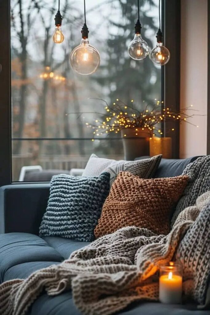 Cozy living room with knit pillows, blankets, candles, and hanging Edison bulbs by a window. Warm and inviting decor.