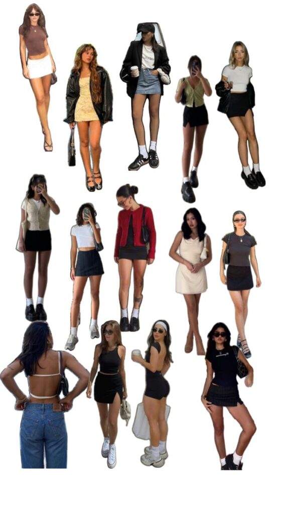 Collection of trendy women's summer outfits featuring skirts, dresses, and casual tops.
