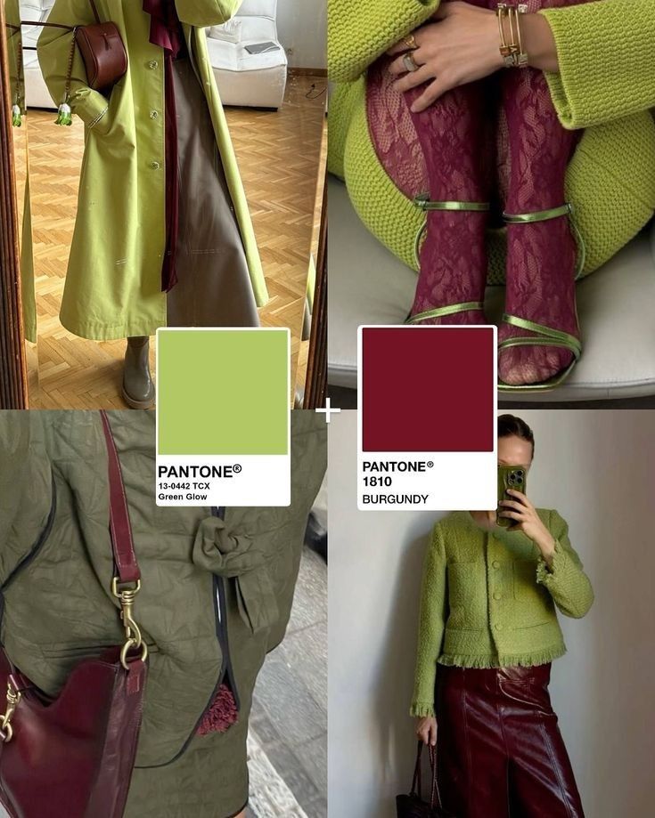 Fashion collage featuring green and burgundy outfits inspired by Pantone colors Green Glow and Burgundy.