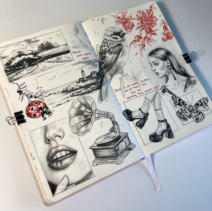 Artistic sketchbook pages with drawings of a bird, woman, gramophone, and nature elements in black and red tones.