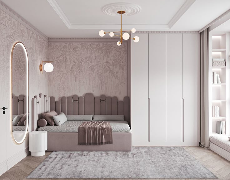 Elegant bedroom with plush bed, modern chandelier, and built-in wardrobe in soft pastel tones. Perfect minimalist design.