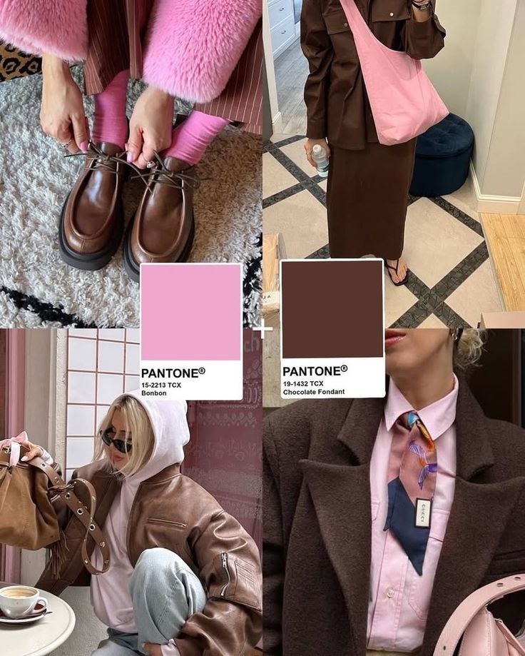 Fashion collage showcasing pink and brown outfits with Pantone colors Bonbon and Chocolate Fondant.