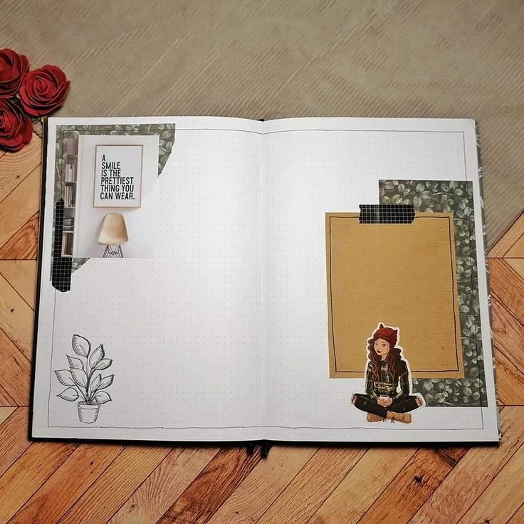Open journal with decorative elements, quote A smile is the prettiest thing you can wear, flowers, and sitting figure.