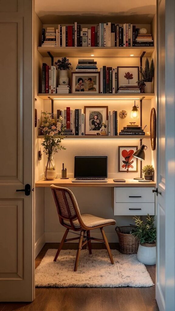 Cozy home office nook with bookshelves, framed art, and a laptop on a wooden desk with ambient lighting.