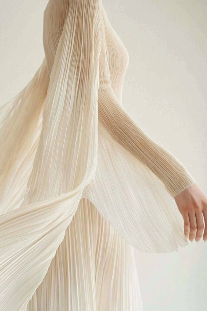 Elegant woman in flowing, pleated beige dress, showcasing timeless fashion and graceful movement.