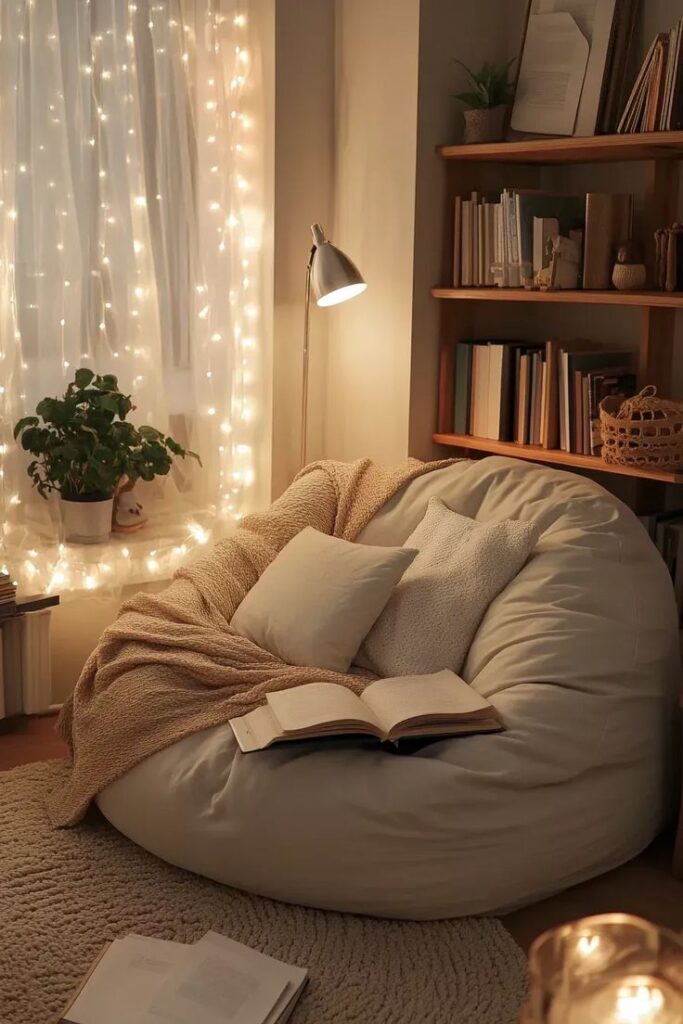 79cb21cc-99f0-44bc-8ea3-48a21d9822fd Cozy reading nook with a bean bag, open book, soft lighting, and a bookshelf. Perfect for relaxation. | Sky Rye Design Cozy reading nook with a bean bag, open book, soft lighting, and a bookshelf. Perfect for relaxation.