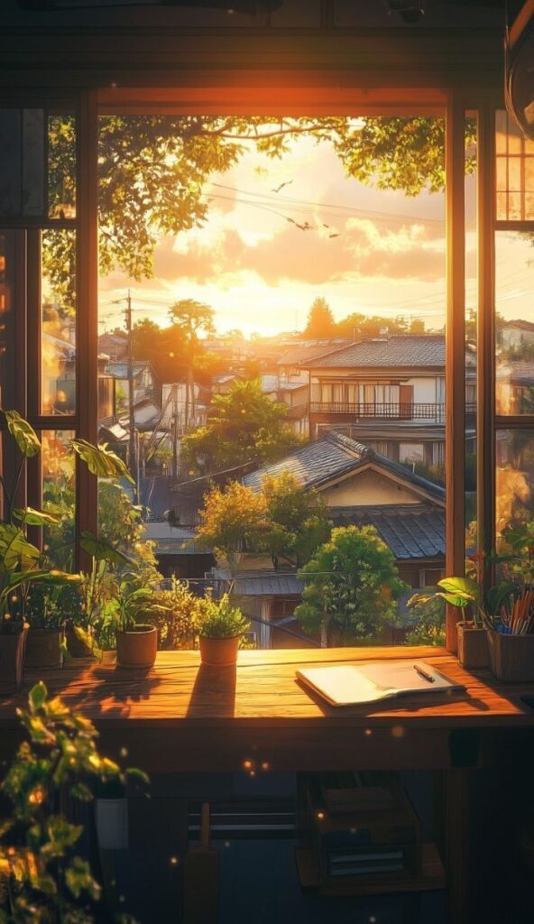 Cozy desk with plants and notebook, overlooking rooftops at sunset through a window, creating a serene writing space.