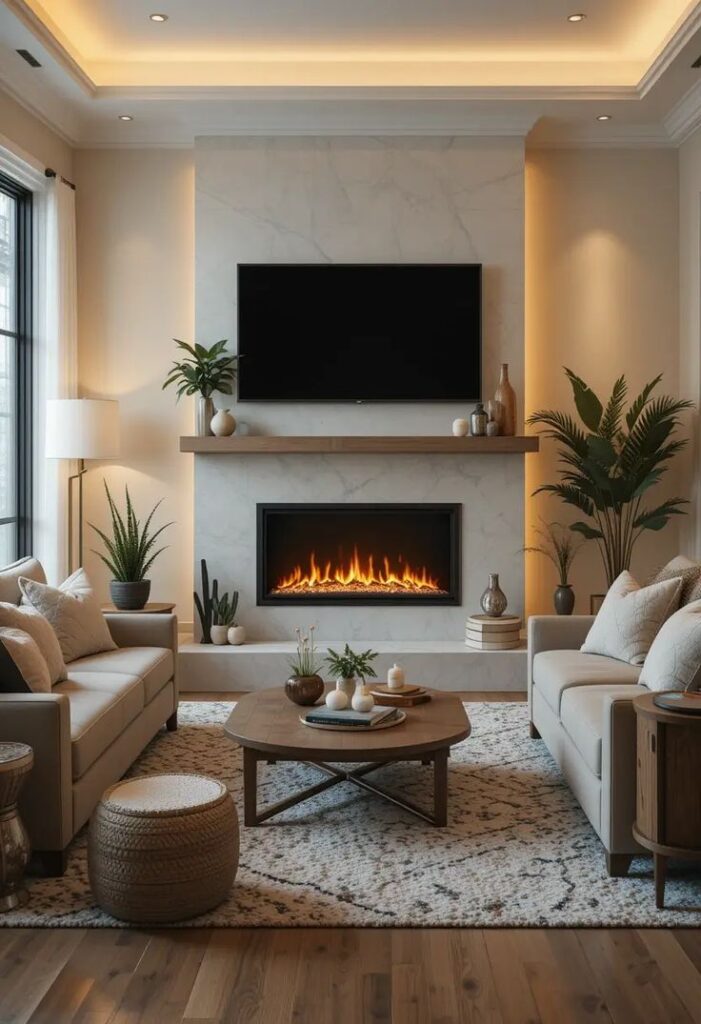Modern living room with cozy fireplace, wall-mounted TV, and elegant decor. Warm tones and stylish furniture complete the look.
