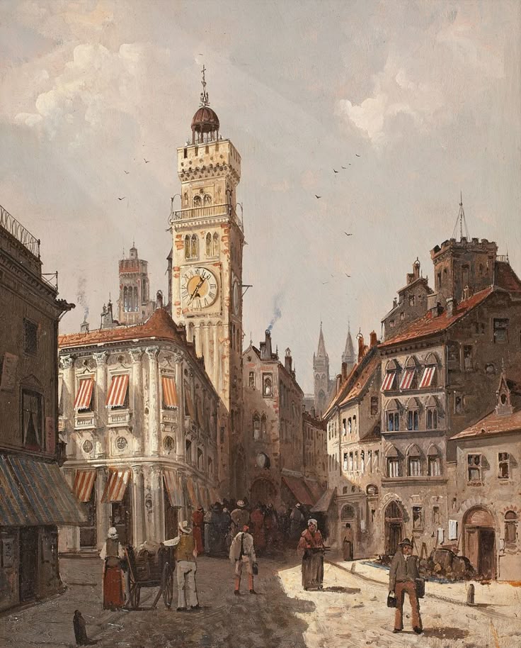 Historic European city street with clock tower, bustling market scene, and 19th-century architecture.