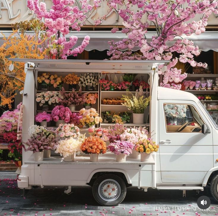 Mobile flower shop with vibrant bouquets in a white van, surrounded by blooming cherry blossom trees on a sunny day.