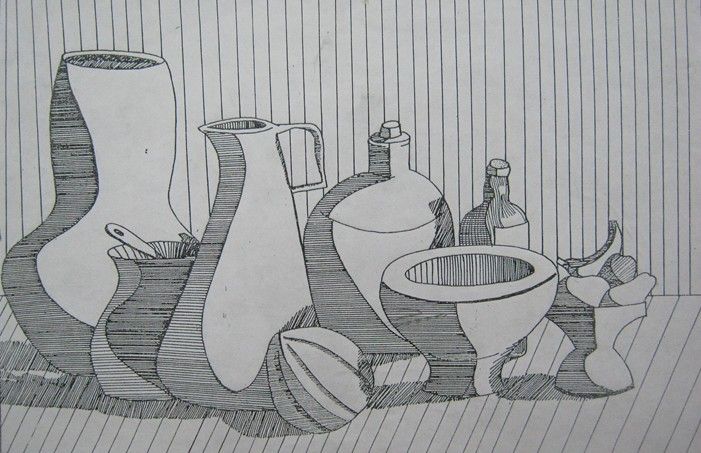 Line art drawing of assorted vases, bottles, and bowls on a striped background, showcasing still life composition.