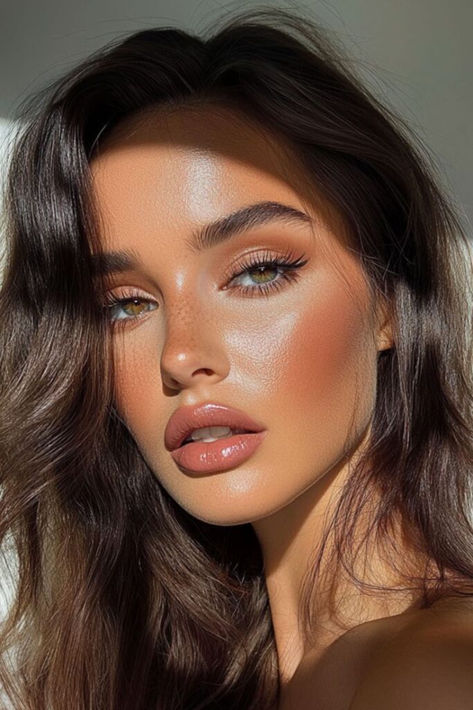 _ 8 Woman with long brown hair and glowing skin, showcasing natural makeup and defined eyebrows in soft lighting. | Sky Rye Design Woman with long brown hair and glowing skin, showcasing natural makeup and defined eyebrows in soft lighting.