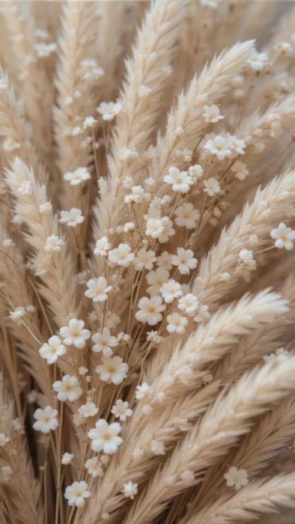 Dried pampas grass with delicate white flowers creating a rustic, natural arrangement.