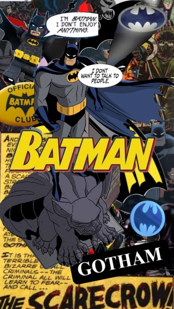 Collage of Batman comics, featuring Batman illustrations, logo, Gotham setting, and speech bubbles with text.