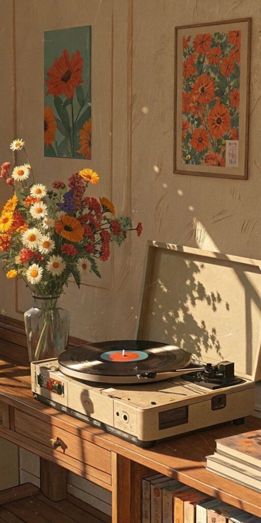 Vintage record player with flowers and artwork in cozy room, sunlight casting shadows on wall.