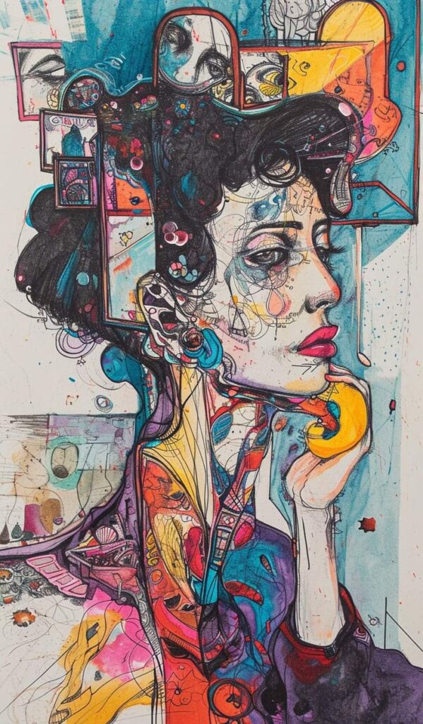 Colorful abstract portrait of a thoughtful woman with intricate patterns and vibrant hues.