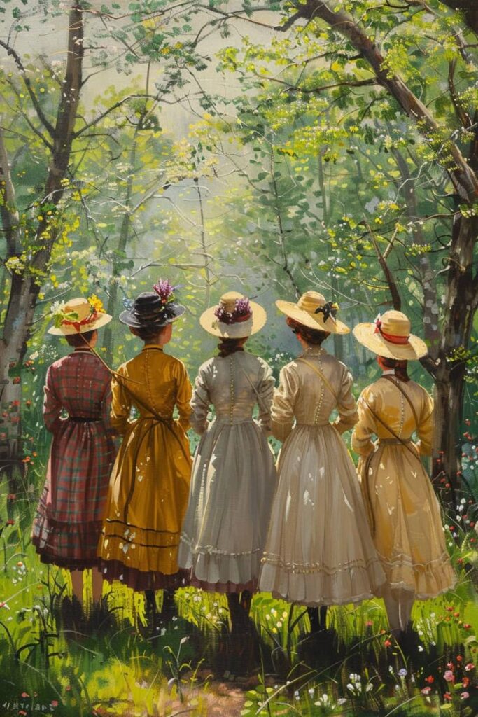 Five women in vintage dresses and hats stand in a sunlit forest, surrounded by green foliage and wildflowers.