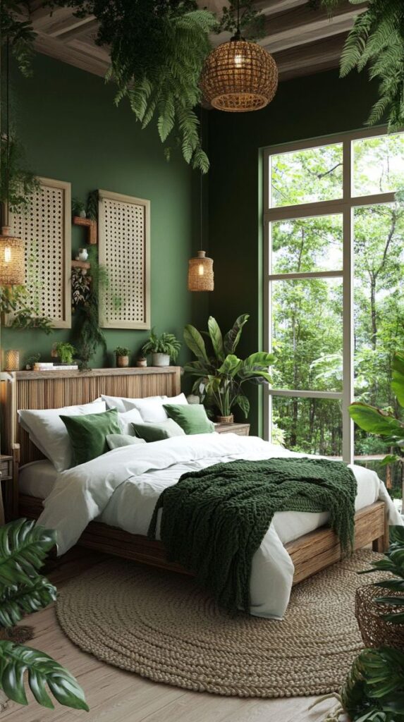 Cozy bedroom with green walls, lush plants, wooden accents, and large windows overlooking a forest.