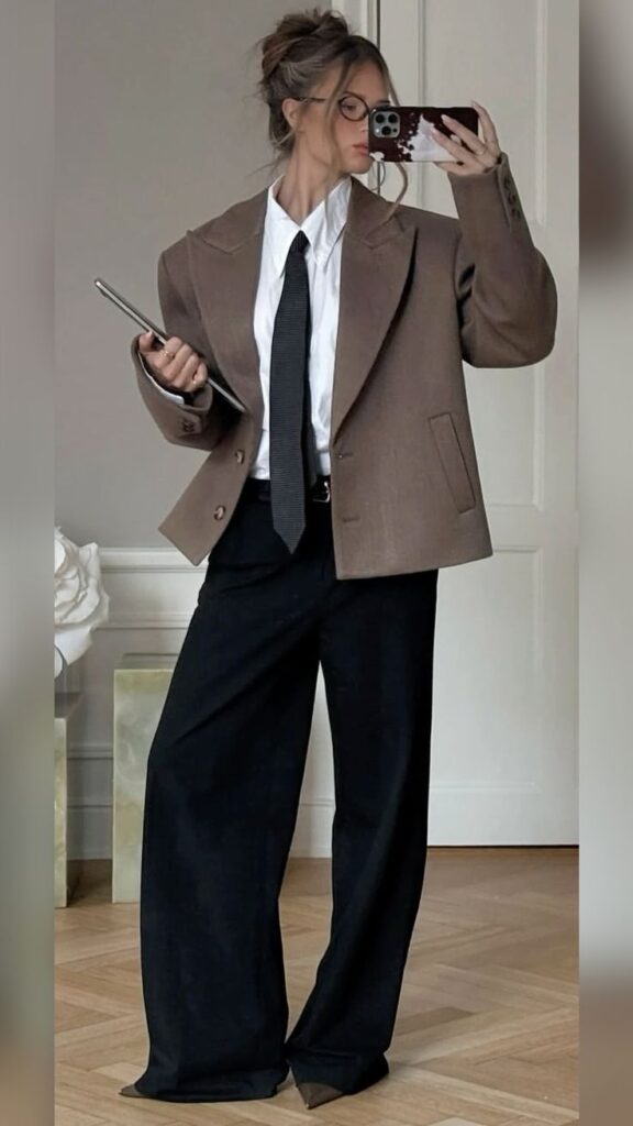 Fashion-forward woman in oversized blazer and trousers, taking a stylish mirror selfie with smartphone.
