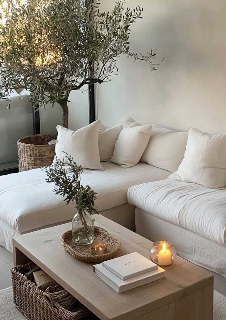 Cozy living room with white sofa, candles, wooden coffee table, and indoor olive tree by the window.