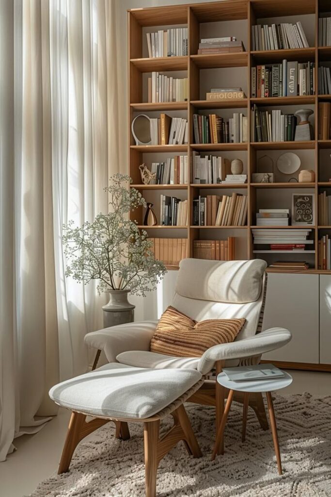 82bd5c018662fd77afceb2cdf2b59645 Cozy reading nook with a white armchair, wooden bookshelves, and soft natural light. | Sky Rye Design Cozy reading nook with a white armchair, wooden bookshelves, and soft natural light.