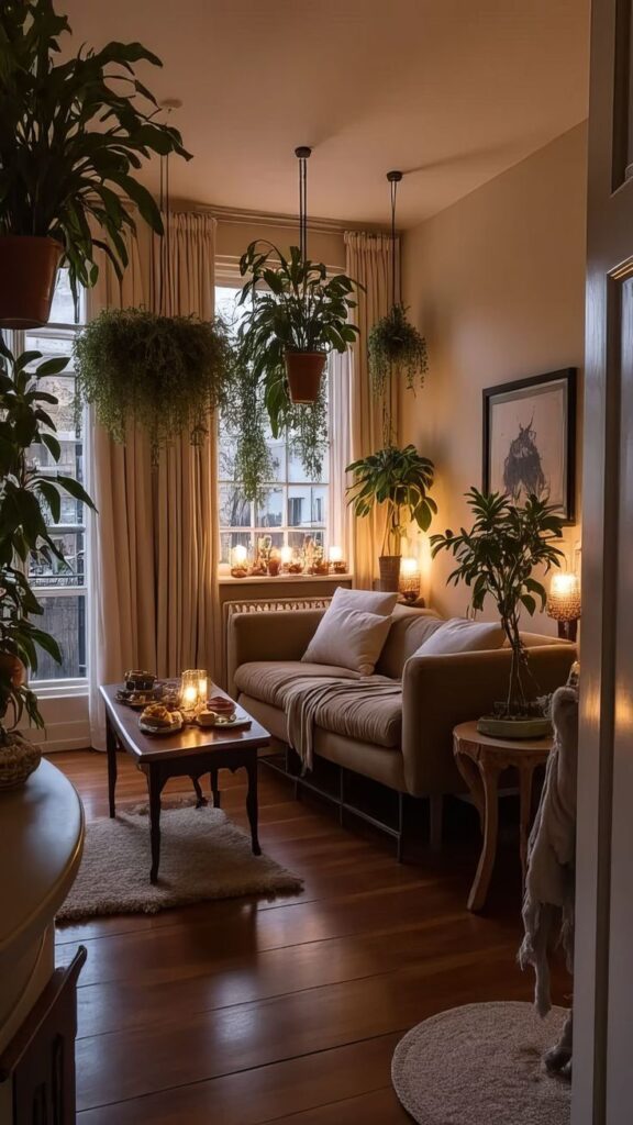 Cozy living room with plants, candles, and a comfy sofa by the window; warm, inviting atmosphere.