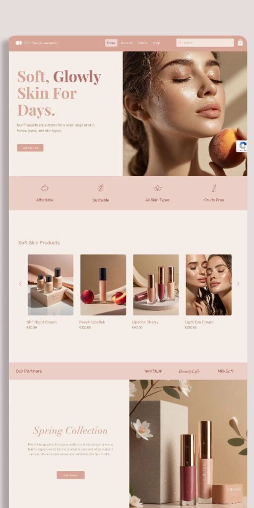 Homepage of a beauty website showcasing skincare and makeup products for soft, glowing skin.