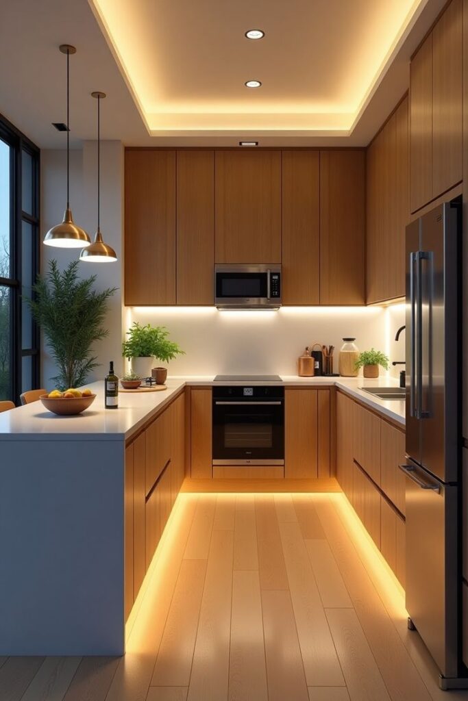 Modern kitchen with wooden cabinets, ambient lighting, and stainless steel appliances. Cozy and elegant design.